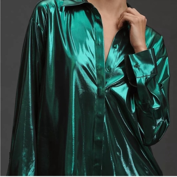Anthropologie Gillian Liquid Shine Shirt Size L Long Sleeve Button Down Green - Picture 2 of 11